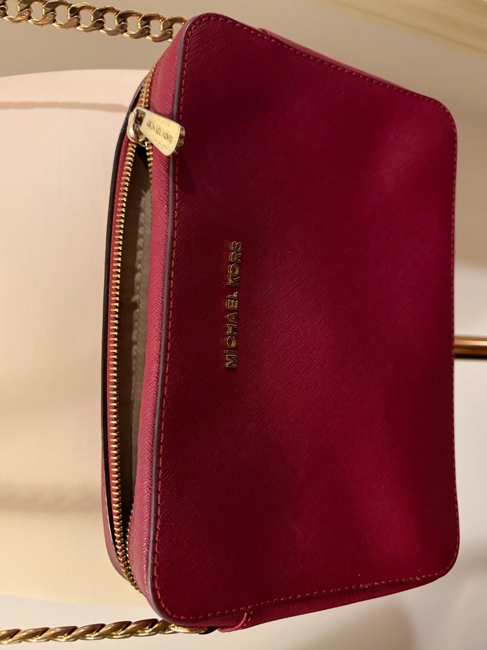 Michael Kors Red Leather Crossbody Purse with Gold Chain (Used) - Picture 7 of 11